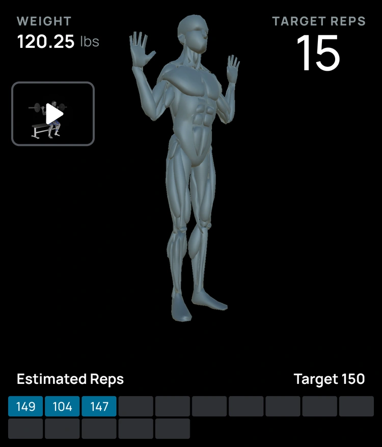 The 3D replay of a rep, with the weight, the target reps and the reps counted so far
